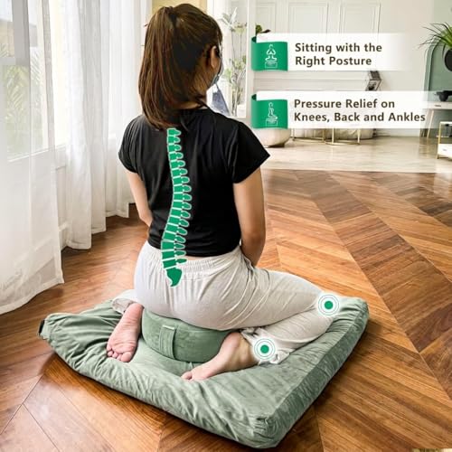 Hihealer Meditation Cushion, Traditional Tibetan Velvet Meditation Pillow | Buckwheat Yoga Bolster, Large Floor Cushion & Pillow for Adults, Zafu Zabuton Set, Zen Meditation Mat - color: Serenity Green(set)