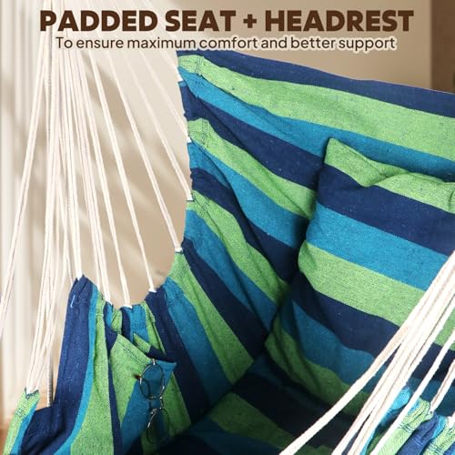 Chihee Hammock Chair Foot Rest 2 Cushions Max 485 lbs Metal Spreader Bar | Robust Hanging Chair Soft Cotton Blended Swing Collapsible Easy Storage Strong Strap Iron Carabiner Pocket Indoor Outdoor - color: Blue/Green Stripes