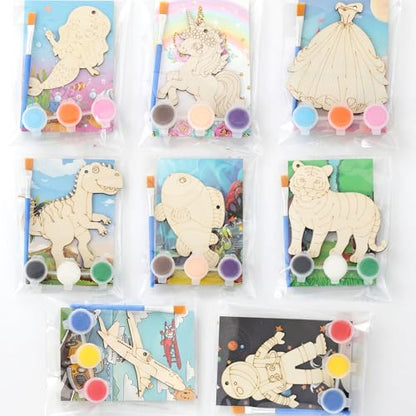Saypacck 24 Pcs Animal Theme Party Favors Wooden Paint Craft Kits | Princess Unicorn Fairy Cowgirl Themes, With Brush Organza Bag, Ideal for Kids Girls Birthday Party Goodie Bag Fillers - style: Mixed Style