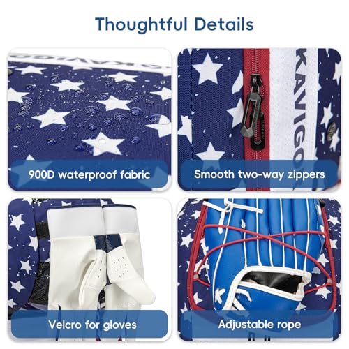 KAVIGOR Rolling Baseball Bag with Wheels, 60L Capacity Softball Bag Holds 4 Bats for Boys and Girls, Youth Equipment Bag with Shoe Compartment - color: Red White & Blue