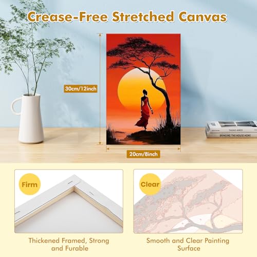 Bowetile Sunset Paint by Numbers Kit for Adults, Framed Painting by Numbers African Savannah, Adults' Paint-by-Number Kits on Canvas, Acrylic Number Painting Gifts for Home Wall Decor, 8x12in - color: Sunset