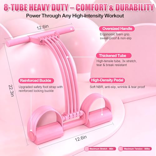 Foot Pedal Resistance Bands with Handles, 8-Tube Adjustable Multifunction Elastic Yoga Exercise Bands, Home Gym Fitness Equipment for Women & Men to Tone Abs, Core, Leg, Arm, Waist (Multi-Pink)