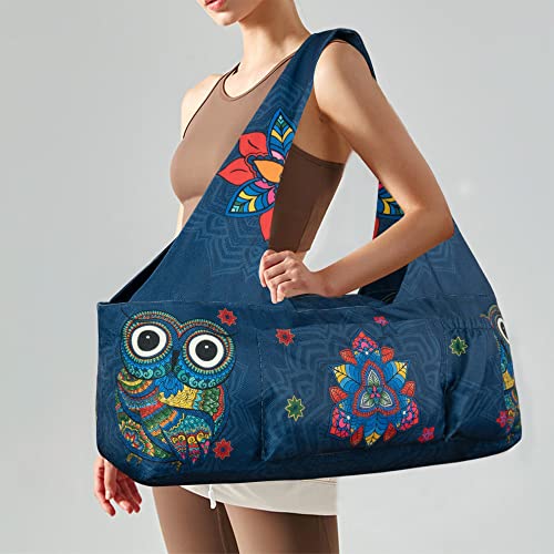 Yoga Mat Bag - Large Yoga Bag with Yoga Mat Strap, Zipper and Pockets - Yoga Bags and Carriers Fits All Your Stuff - Personalized Yoga Mat Bags for Women Fits Most Size Mats - color: Mandala Owl