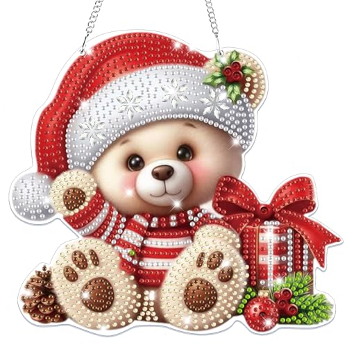 Bowetile Christmas Hanging Diamond Art Painting Kits for Adults, 5D Special Shape Diamond Art Kits Bear, Crystal Gem Painting Arts and Crafts for Adults for Home Garden Decor - color: Bear