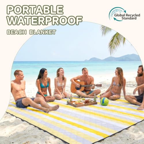 Genovega Waterproof Beach Blanket Picnic Outdoor Mat Rug Extra Large Portable Umbrella Wagon Folding Pop Tent Sun Shelter Shade Canopy Ball Cart Cool Cabana Anchor Fan Mesh Bag Tote Toallas Manta - color: Lemon Yellow Stripe
