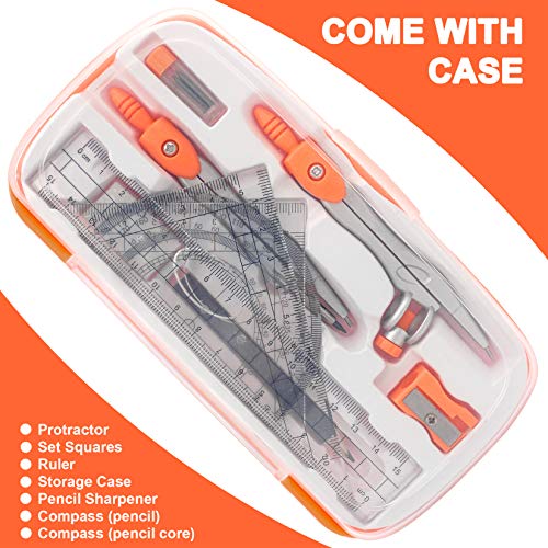 Akuoly Geometry Compass Set 2 Drafting Compasses with Maths Protractor Set Squares Ruler and More for Students Starters Homework etc. Orange