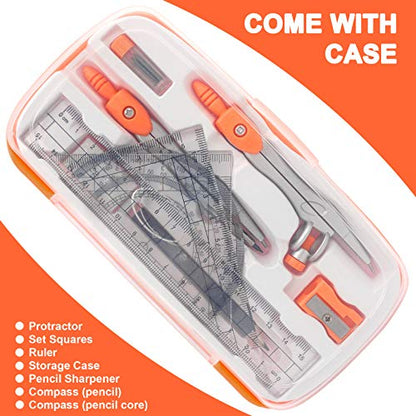 Akuoly Geometry Compass Set 2 Drafting Compasses with Maths Protractor Set Squares Ruler and More for Students Starters Homework etc. Orange