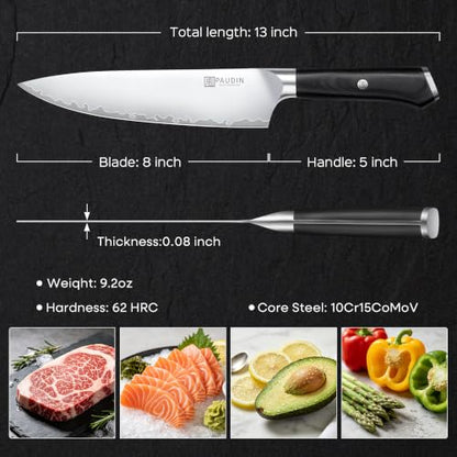 PAUDIN Chef Knife 8 Inch, Ultra Sharp Kitchen Knife 62 HRC, 9-Layer High Carbon Steel Professional Chefs Knife with Full Tang Ergonomic Wood Handle, Meat Vegetable Slicing Knife,Gift for Men Women - color: 8 Inch Chef Knife