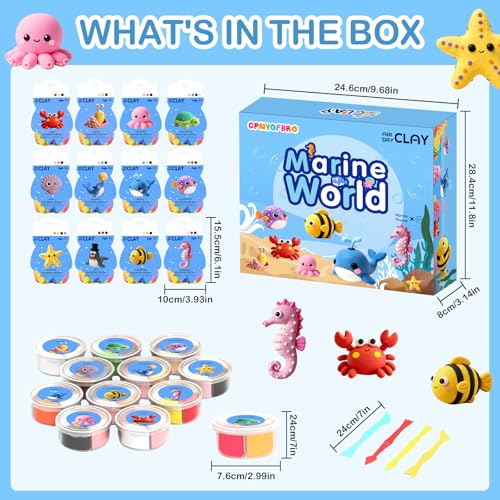 Air Dry Clay Kit - 12 Marine Animal Modeling Clay for Kids, Complete DIY Clay Craft Set with Sculpting Tools & Step-by-Step Tutorials, Ultra Soft & Non-Sticky Clay, Children's Day Gift Ideas - color: Clay Marine Kit