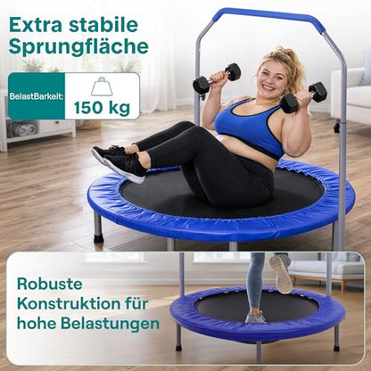 SereneLife 40" Foldable Mini Trampoline for Adults - Compact Fitness Rebounder with Adjustable Foam Handle, Exercise Trampoline with Max Load 330lbs, Indoor/Garden Whole-Body Workout - color: Deep Blue