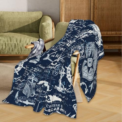 Nautical Navy Blue Blanket, Anchor Compass Soft Lightweight Throw Blanket for Sofa Couch Bed Room 50x60 inch - color: Nautical