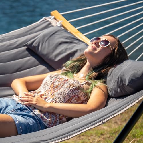 Heavy Duty Hammock with 12FT Stand, Double Hammock, Dark Gray | Large Hammock with Curved Spreader Bar, Pillow, Safety Ropes and Portable Carring Bag, Patio Hammock for Outside, Max 450 Lbs - color: Dark Gray