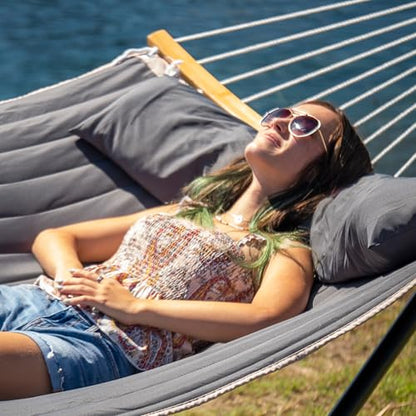 Heavy Duty Hammock with 12FT Stand, Double Hammock, Dark Gray | Large Hammock with Curved Spreader Bar, Pillow, Safety Ropes and Portable Carring Bag, Patio Hammock for Outside, Max 450 Lbs - color: Dark Gray