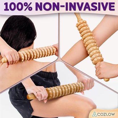 COZLOW Wooden Massage Roller Stick (12 Rollers) - Curved Wood Therapy Massage Tool for Body Sculpting, Fascia Release & Lymphatic Drainage - Maderotherapy Helps Reduce Cellulite Appearance
