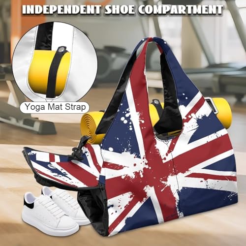 Union Flag Print Womens Gym Bag Yoga Mat Bags with Double Zipper Sports Bags with Shoe Compartments, Navy Blue Shoulder Bag for Fitness Weekender - color: Union Flag