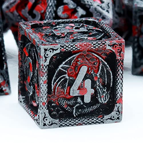 Haxtec Metal DND Dice Set, 7 Pcs Dragon Pattern Polyhedral Dice for RPG | Halloween Dice, Bloodstained D&D with Leather Bag, Compatible with Dungeons and Dragons, Heavy Metallic, TTRPG Gifts - color: Antique Silver Red