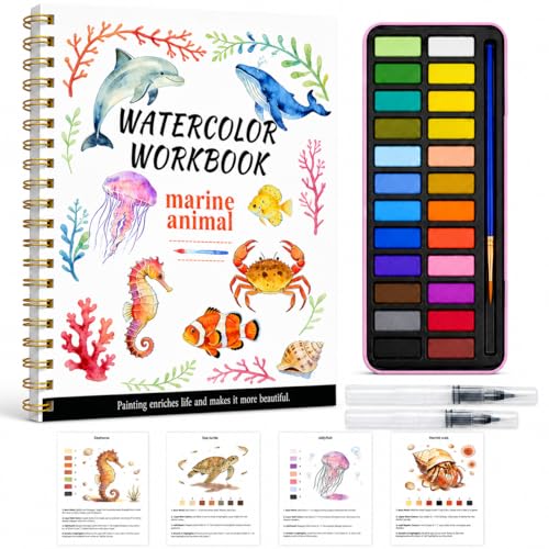 Watercolor Workbook - Water Coloring Book Set for Adults and Beginners, Water Colors Book 14 Ocean Animal 24 Color Watercolor Paint, 3 Brush Pens, 300g Watercolor Paper Gift for Art Lovers - color: Animals-Ocean
