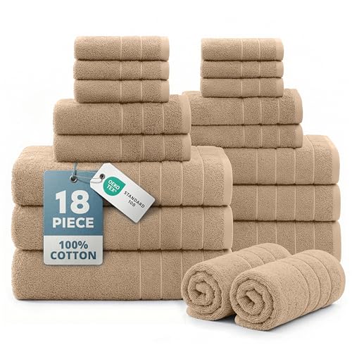 Casa Platino Large Bath Towel Set Absorbent Quick Dry 100% Cotton - Beige | Cotton Bath Towels - Fade-Resistant Color, Classic Terry Weave, Densely Woven, Coordinated Colors, Dobby Border Accent - color: 04: Beige, size: 18 Piece Towel Set