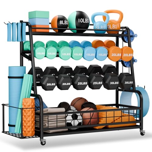 Upgraded XL Dumbbell Rack Weight Stand - Adjustable Weight Rack for Dumbbells, Home Gym Storage Rack for Kettlebell, Balls,Yoga Mat Storage Holder, Workout Equipment Storage Organizer With Wheels