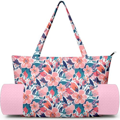 Yoga Bag for Women, Large Canvas Yoga Mat Tote Bag with Yoga Mat Carrier | Large Mat Pocket Fitness Tote for Pilates, Gym, Travel, Office & Beach - color: Pink Flower