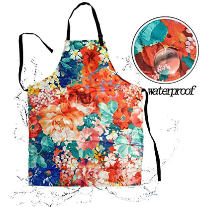 Adjustable Waterproof Apron Bib Apron with 2 Pockets Cooking Kitchen Aprons for Women Men Chef - color: Flowers
