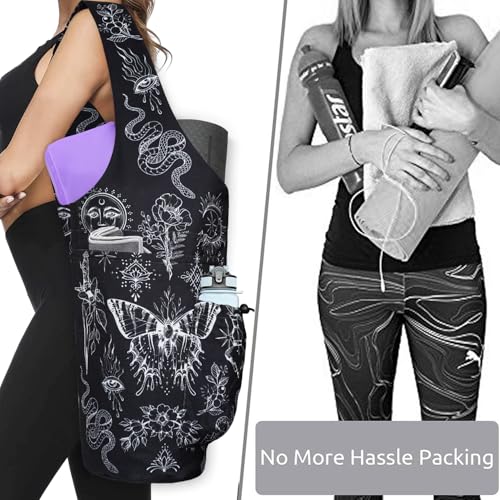 Yoga Mat Bag - Large Opening Long Tote Yoga Mat Carrier Holder Bag with Waterproof Wet Zipper Pocket and Drawstring Water Bottle Pocket - Yoga Bag Fit Most Size Mats - color: Boho Witchcraft