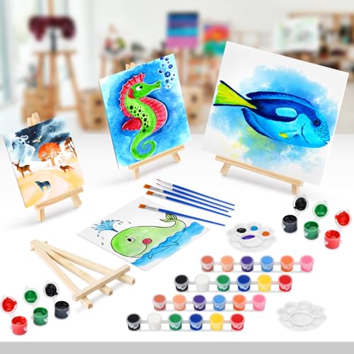 Hdviai Acrylic Paint Canvas Set – Canvas Painting Kit with Wood Easels, Brushes, Paint Sticks, Palettes – Art Supplies for Beginners, Ideal for Parties & DIY Painting (6 x 6inch) - size: 6 x 6inch