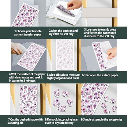 OLYCRAFT 24Pcs Purple Flower Clay Transfer Paper 4 Styles Transfers Paper for Polymer Pink Flower Polymer Clay Sheets Floral Theme Small Transfer Papers for Clay Earrings Jewelry Making - style: Purple Flower