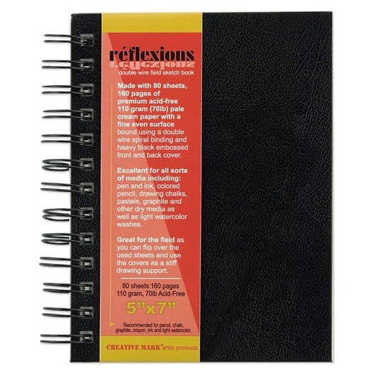 Creative Mark Double Wire Spiral Bound Field Sketch Book [Pack of 48-5" x 7"], Black Embossed Leatherette Journal, Light Cream Acid-Free Paper, Perfect for Dry Media and Drawing - size: 5" x 7" - 48 Pack