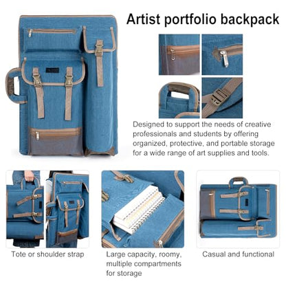 TRANSON Art Portfolio Case Artist Backpack Canvas Bag Large 26” x 19.5” - color: Turquoise Green