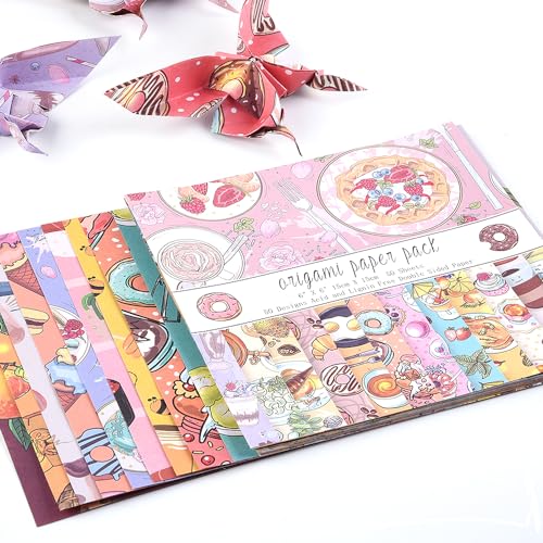 Origami Paper 50 Sheets, 6-Inch Square Double Sided Colored Craft Paper | 70GSM colorful paper,50 Vivid Pattern Origami Kit,DIY Hand Crafts,Arts Creativity,Easy to Fold,No-Fading.Dessert - color: 50 sheets-dessert