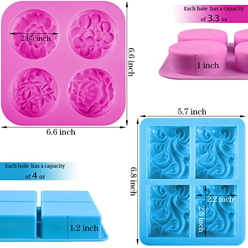 Sakolla 2 Pack Silicone Soap Molds, 4 Cavities Rectangle Wave and Round Flower Silicone Molds for Handmade Soap, Candle and Mousse Cake - color: Wave+Flower/Pink & Blue