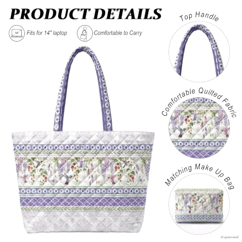 Quilted Tote Bag 2 Pack, Women's Tote Handbags for Work Travel - color: Soft Lavender Purple