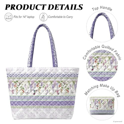 Quilted Tote Bag 2 Pack, Women's Tote Handbags for Work Travel - color: Soft Lavender Purple