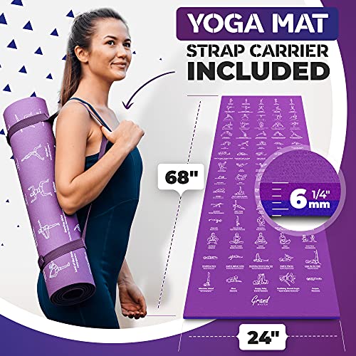 Instructional Yoga Mat with Carrying Strap: Cute Yoga Mat with 75 Illustrated Yoga Poses + 75 Easily-Followed Stretching Exercises - 1/4” Thick, Non-Toxic, Non-Slip Yoga Mats for Women and Men - color: Blue/Purple (68" x 24")