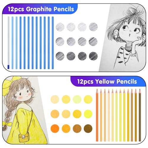Professional Drawing Set,12 Colored Pencils,12 Graphite Pencils,Eraser,Case | Portable Travel Colored Pencil Case,Sketching Shading Blending Art Supplies,Gifts for Artists Adults Beginners.Yellow Black - color: Set-Yellow