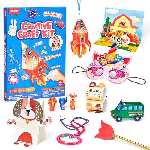 JoyCat Zero-Prep Craft Kit for Kids Ages 4-8, 23-Project Craft Box | All-in-one craft box includes 23 projects, safety scissors, diamond art and an LED light-up 3D craft for creative play.