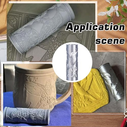 CRAFTYMELODY Hummingbird Pattern Clay Texture Roller Plastic Column Pottery Tools Rolling Pins Stamps Birds Texture Roller for Handmade Making Crafting Art DIY Projects Home Accessories