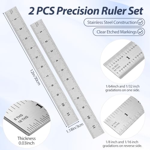 eBoot 2 Pack Stainless Steel Ruler Machinist Engineer Ruler, Metric Ruler with Markings 1/8, 1/16, 1/32, 1/64 Inch for Engineering, School, Office, Architect, and Drawing (6 Inch) - size: 6 Inch