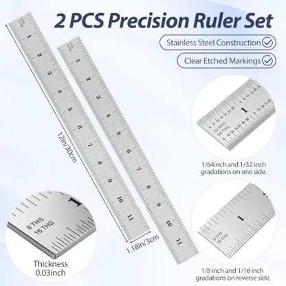 eBoot 2 Pack Stainless Steel Ruler Machinist Engineer Ruler, Metric Ruler with Markings 1/8, 1/16, 1/32, 1/64 Inch for Engineering, School, Office, Architect, and Drawing (6 Inch) - size: 6 Inch