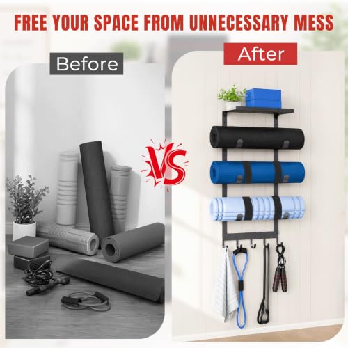 Yoga Mat Holder Wall Mount, 4-Tier Home Gym Storage Rack with 5 Hooks & 3 Yoga Mat Portable Straps, Heavy Duty Metal Yoga Mats Organizer With Floating Shelf for Foam Roller, Resistance Bands