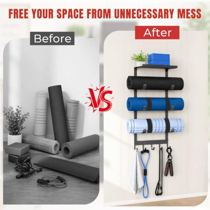 Yoga Mat Holder Wall Mount, 4-Tier Home Gym Storage Rack with 5 Hooks & 3 Yoga Mat Portable Straps, Heavy Duty Metal Yoga Mats Organizer With Floating Shelf for Foam Roller, Resistance Bands