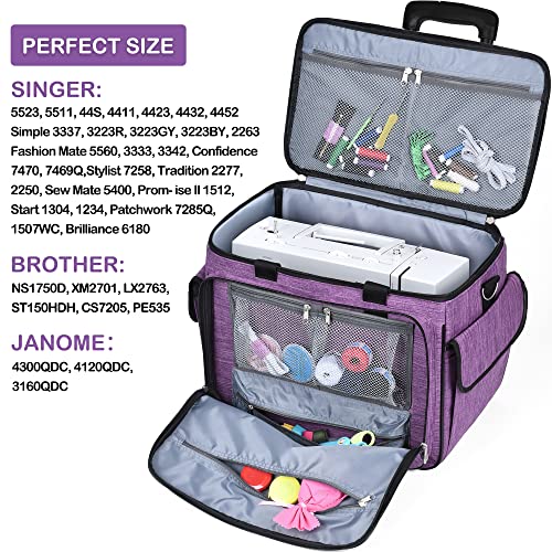 CAB55 Rolling Sewing Machine Case, Detachable Rolling Sewing Machine Carrying Case on Wheels, Trolley Tote Bag with Removable Bottom Wooden Board for Most Standard Sewing Machine and Accessories - color: Purple