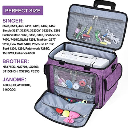 CAB55 Rolling Sewing Machine Case, Detachable Rolling Sewing Machine Carrying Case on Wheels, Trolley Tote Bag with Removable Bottom Wooden Board for Most Standard Sewing Machine and Accessories - color: Purple
