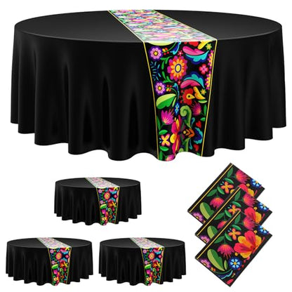 Oudain 6 Pcs Mexican Round Tablecloth 84 Inch Table Cover, Black - color: Black