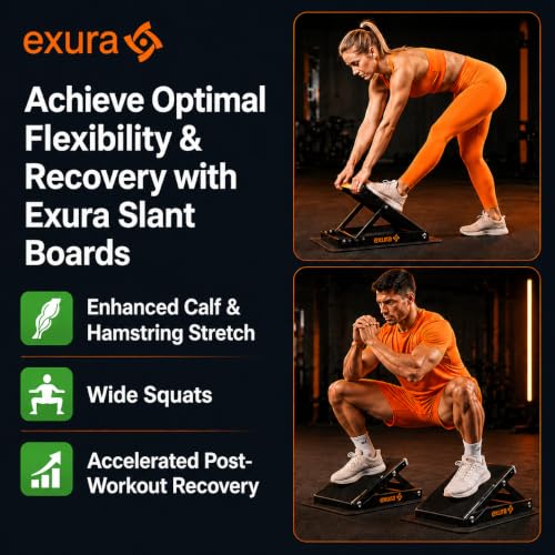 EXURA Slant Board for Calf Stretching & Plantar Fasciitis Relief, Adjustable Wide Metal Squat Wedge, Calf Stretcher for ATG Training, Knees Over Toes & Physical Therapy