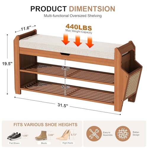 PETKABOO 31.5" Bamboo Shoe Rack Bench with Storage, 3-Tier Entryway Bench with Thick Cushion, Flip-Top & Side Baskets, Holds Up to 550 LBS for Hallway, Living Room, Bedroom - color: 31.5"