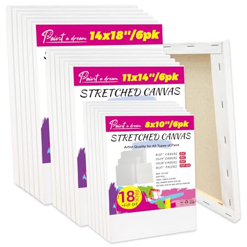 18Pack 8x10/11x14/14x18 inch Stretched Canvas for Painting, Triple Primed White Canvas for Painting, 5/8" Profile Cotton Professional Artist Quality Blank Canvas,Art Supplies for Acrylic, Oil - size: 18pk-8x10/11x14/14x18 inch