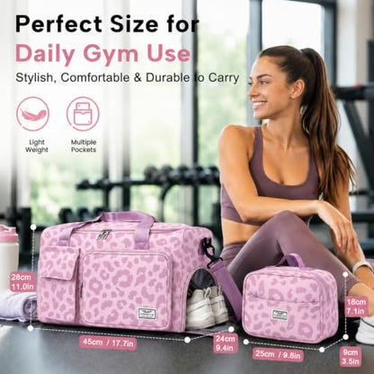 FIORETTO Women's Gym Duffle Bag with Shoes Compartment, 30L Capacity, Ideal for Travel, Gym, Sports, Duffel, Weekender - color: Leopard Pink, style: Gym Bag With Toiletry Bag