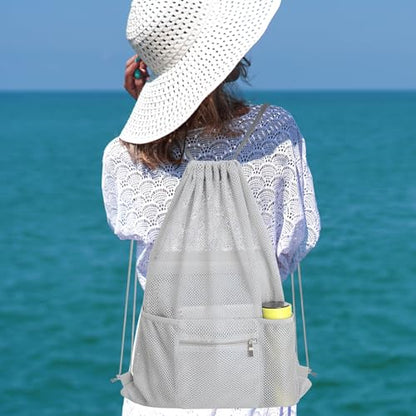 NATURAL STYLE Mesh Drawstring Backpack Bag, Gym Sports Bag with Zipper Pocket Bottle Holder, String Beach Bag for Swiming Travel (Grey) - color: Grey